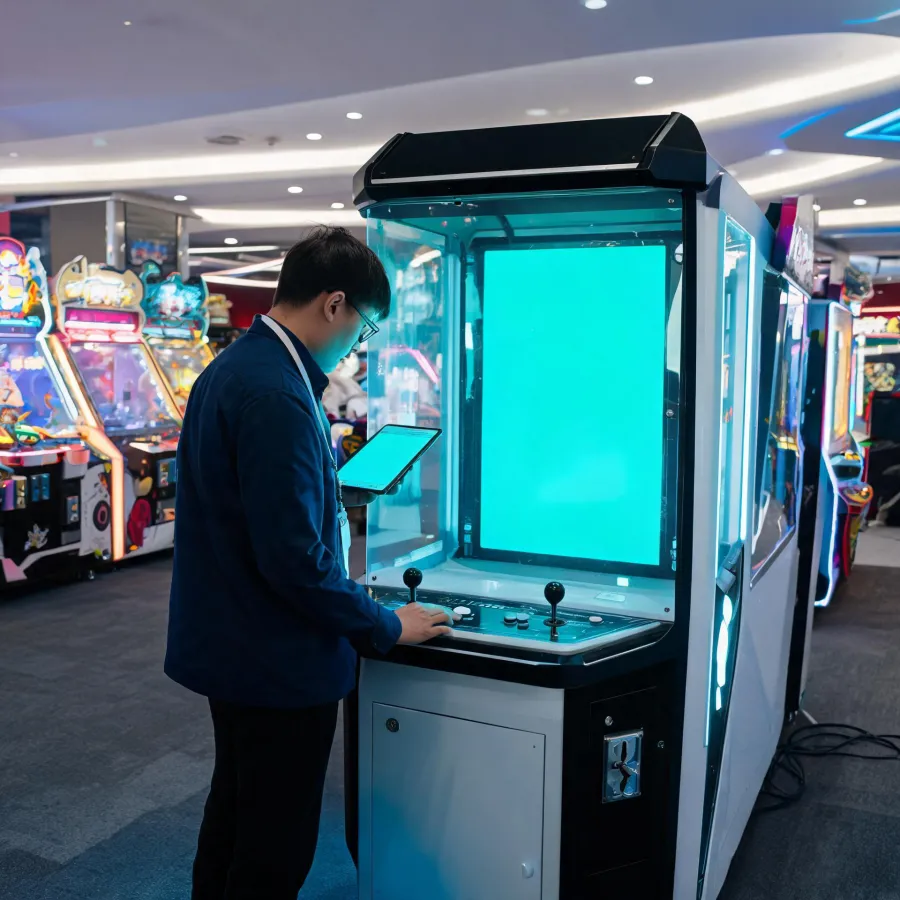Arcade technician commissioning a redemption cabinet