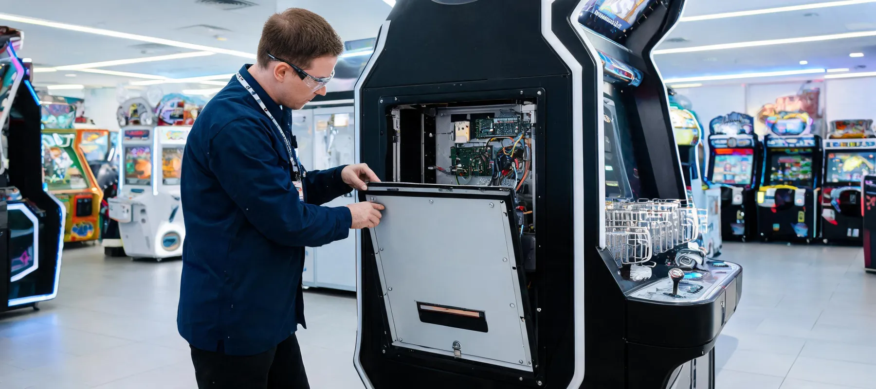 Technician servicing an arcade machine